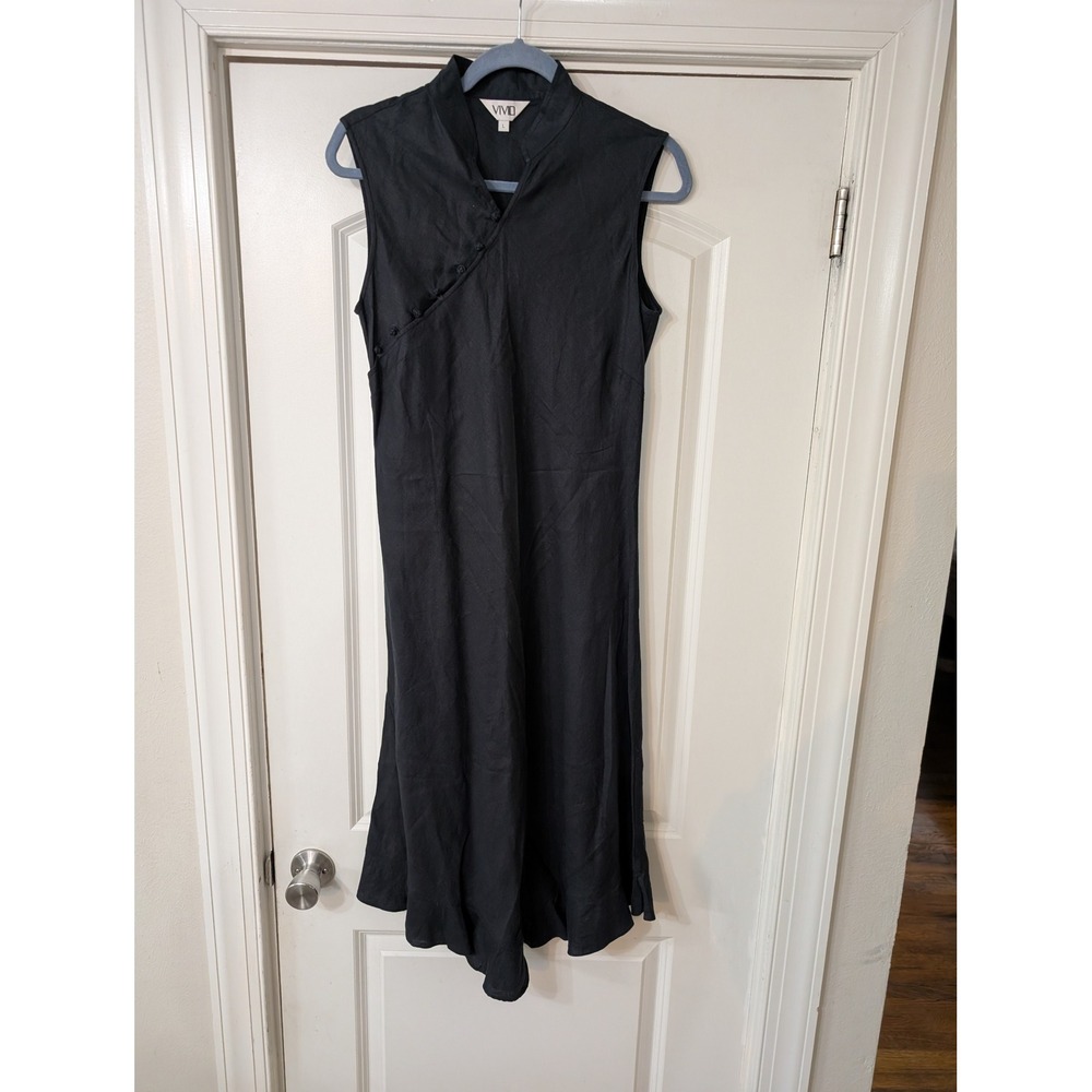 VIVID Womens Black Sleeveless Mandarin Collar Midi Dress large minimalist‎